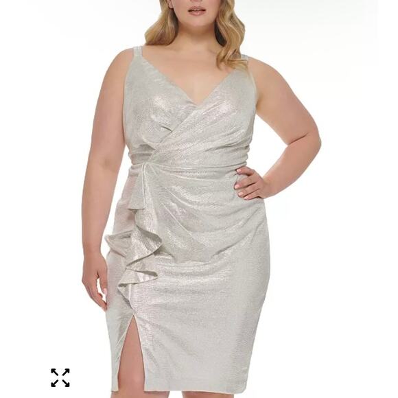 Eliza J Silver Metallic Ruffle Slit Surplice Cocktail Dress Womens Plus Size 18 - Picture 1 of 9